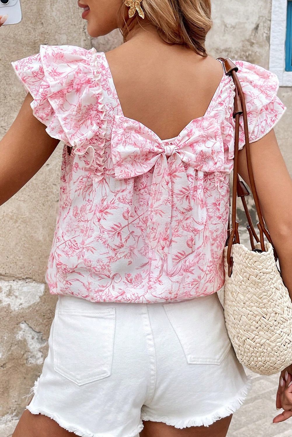 Pink Floral Ruffle Short Sleeve Bow Back Blouse
