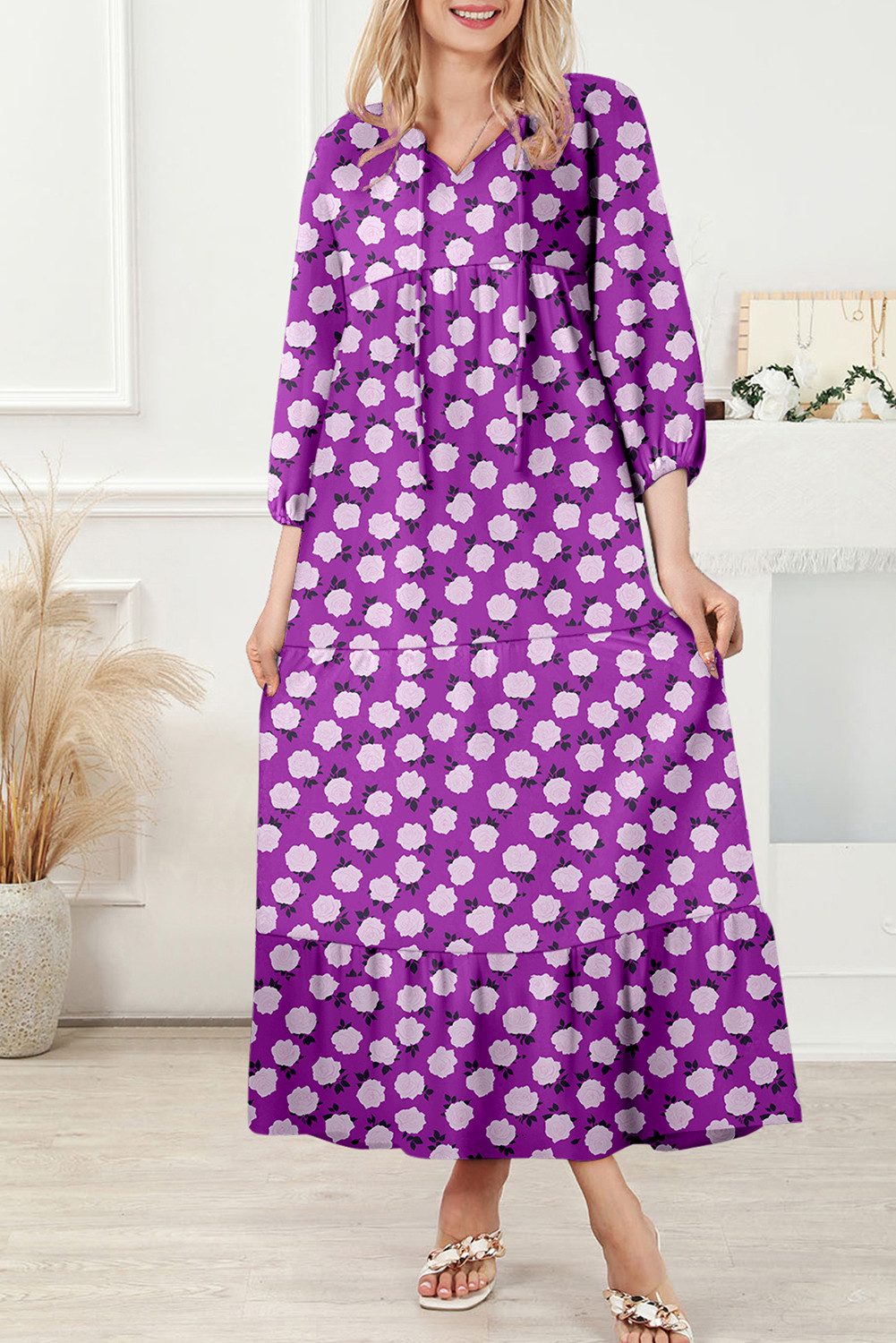Purple Boho Floral Print Half Sleeve Maxi Dress