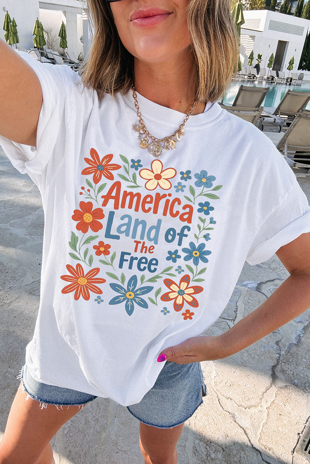 Shewin Wholesale Boutique White America Land of The Free FLOWER Graphic Patriotic T Shirt