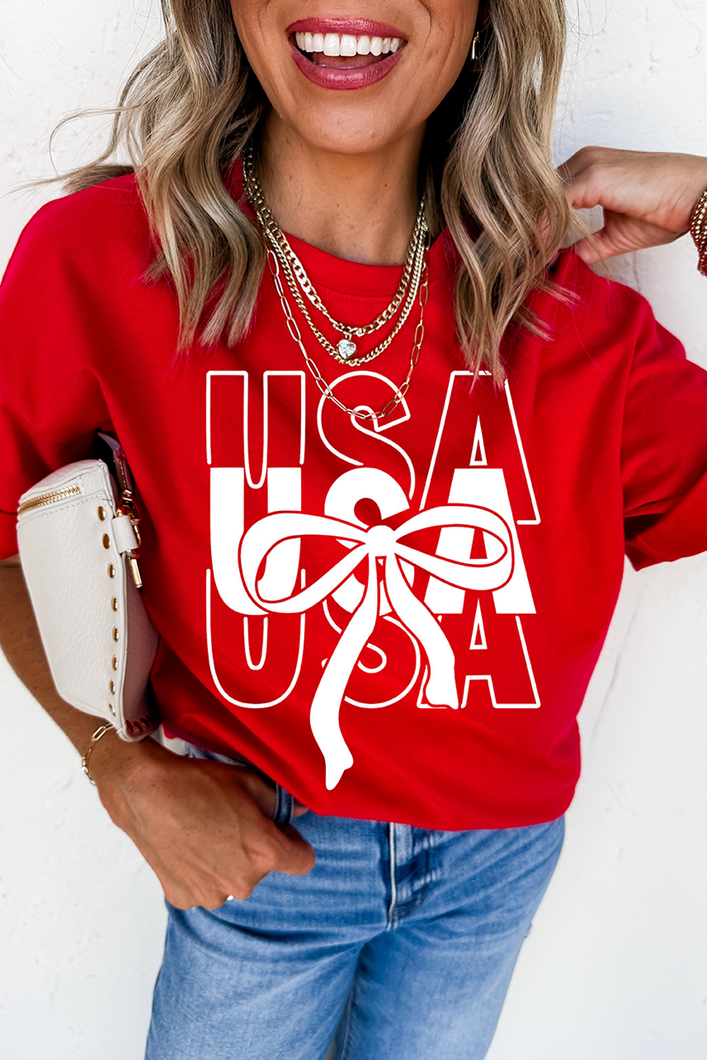 Shewin Wholesale Stores Red 4th of July USA Bow Print COTTON Blend T Shirt