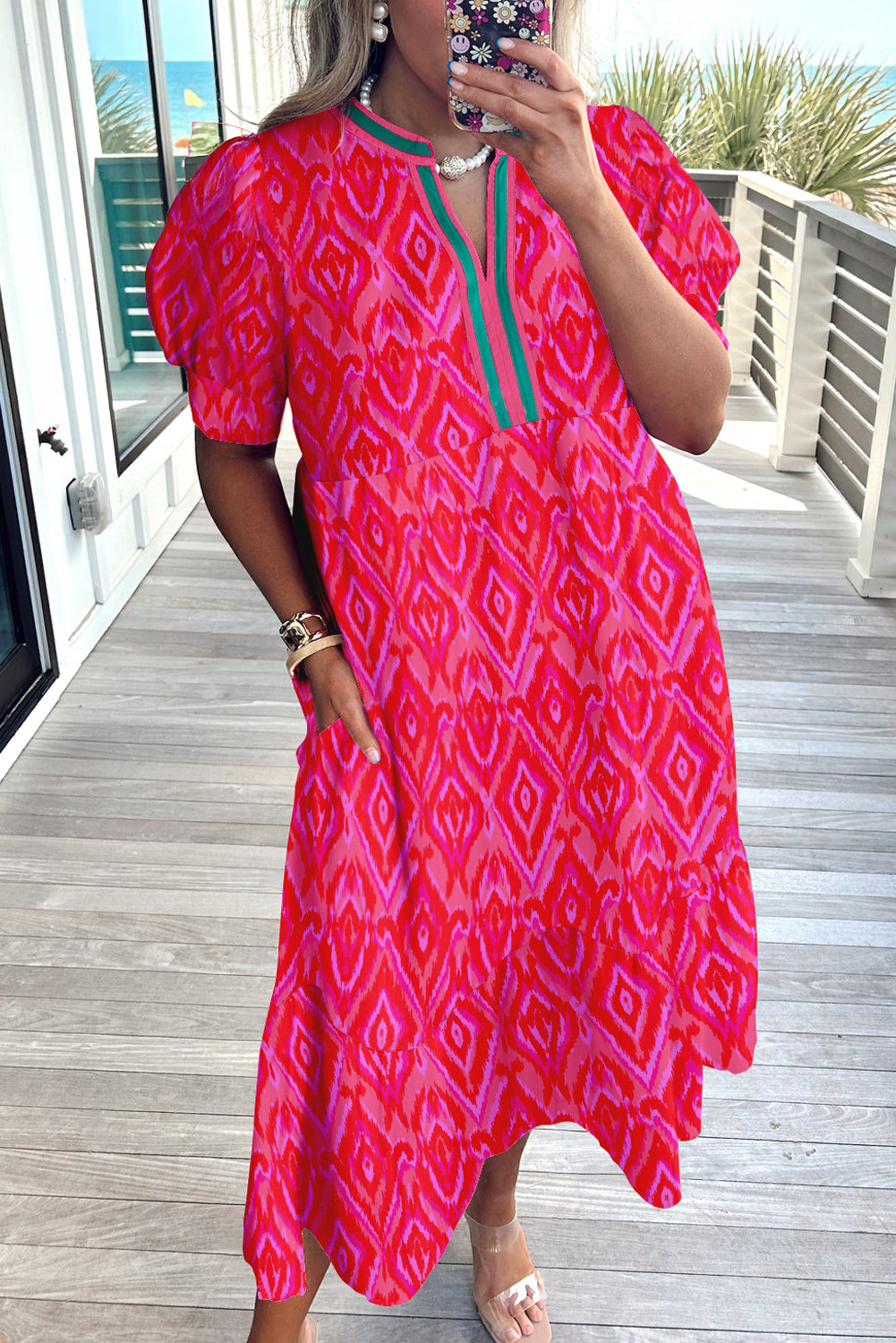 Red Geometric Print Pop of Color Neckline Puff Sleeve Plus Size Dress
