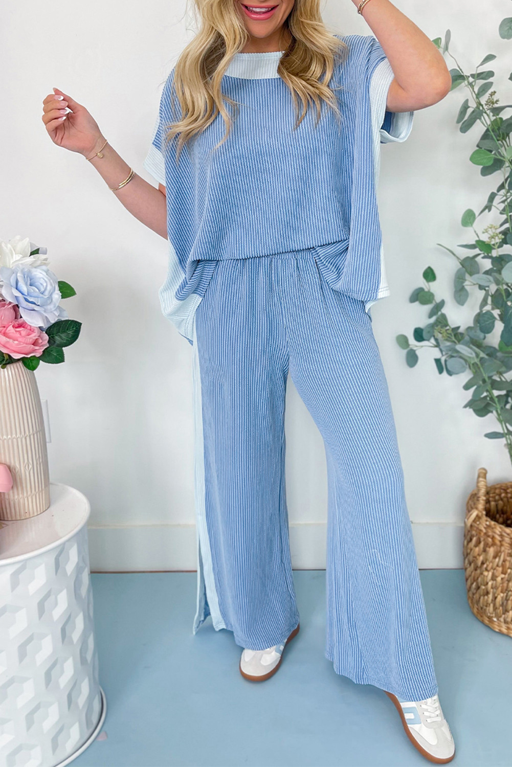 Sky Blue Colorblock Patchwork Corded Pants Set