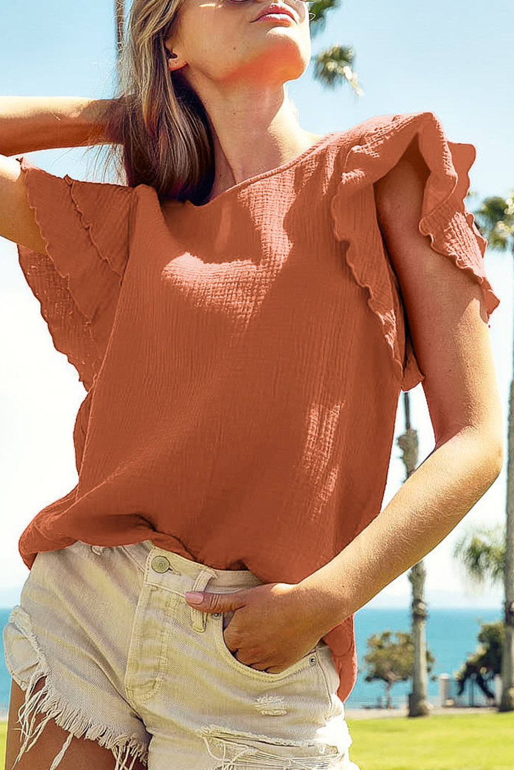 Orange Crinkled Ruffle Sleeve Blouse