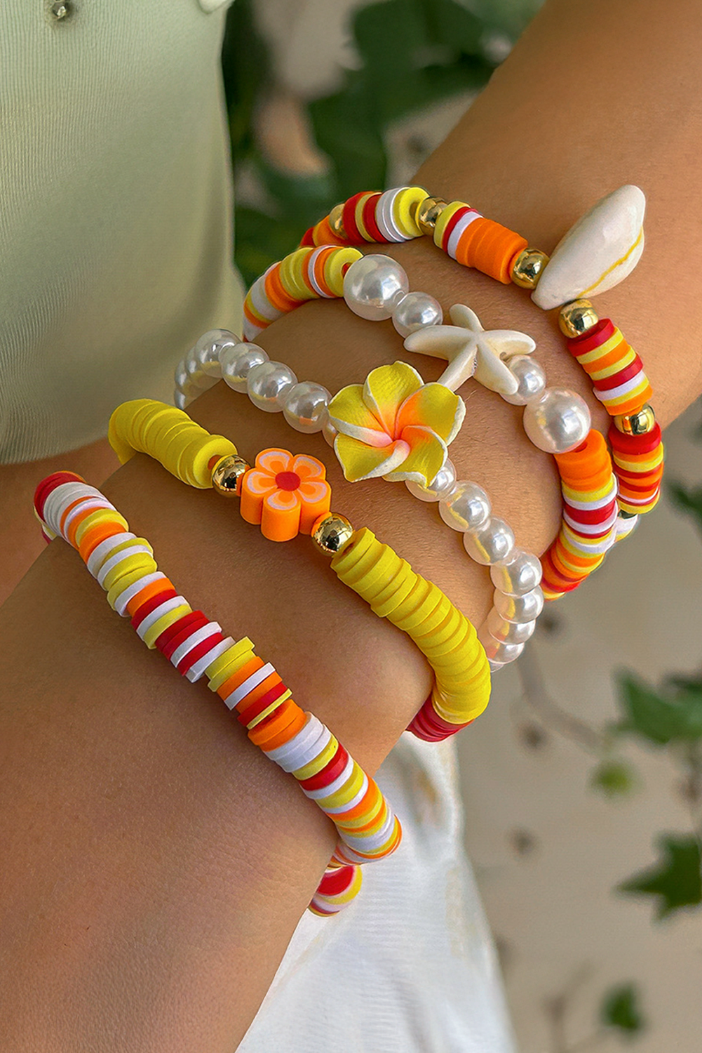 Shewin Wholesale Stores Yellow Boho Flower Starfish Shell Beaded BRACELET Set