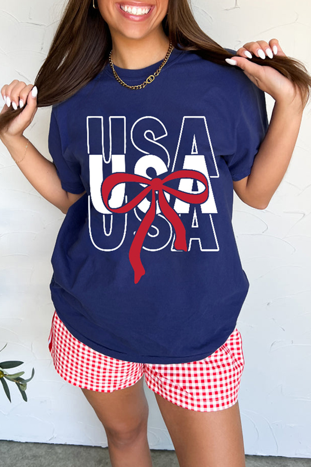 Shewin Wholesale Stores Blue 4th of July USA Bow Print COTTON Blend T Shirt