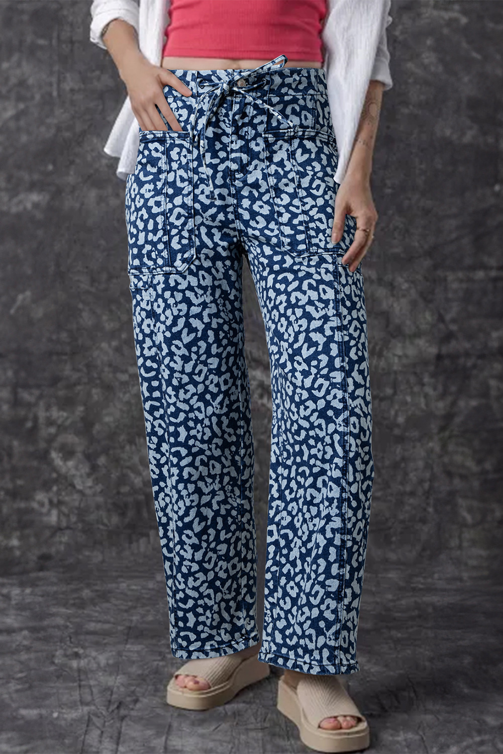 Blue Leopard Print Drawstring Waist Pocketed Wide Leg Jeans