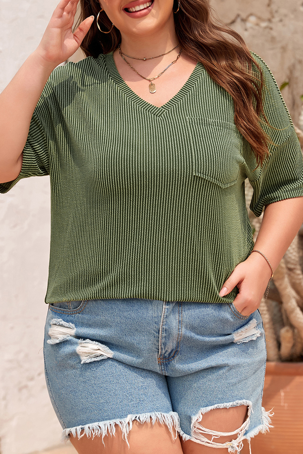 Shewin Wholesale Stores Jungle Green Twist Corded V-Neck Plain Plus T-SHIRT