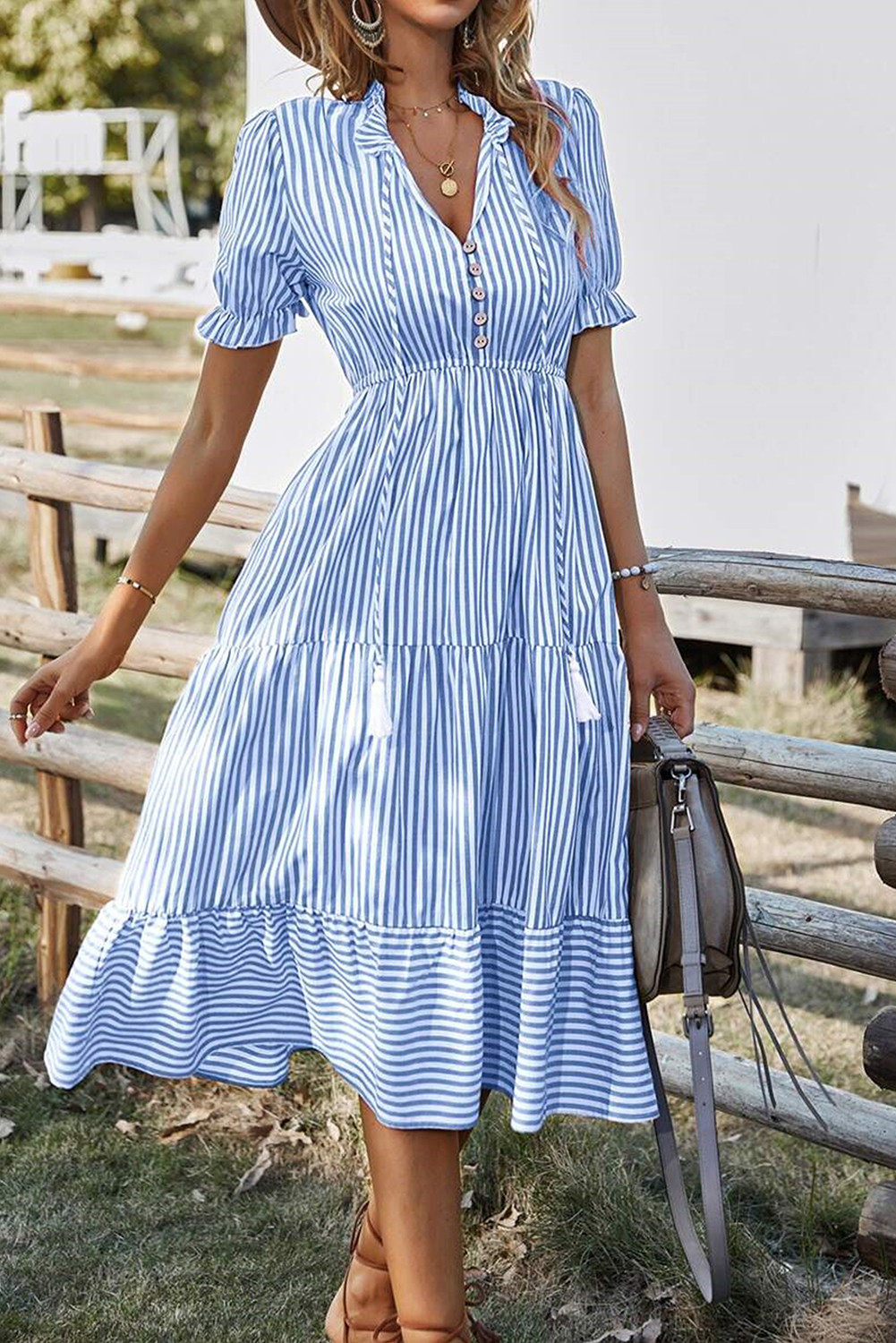 Sky Blue Striped Tassel Tie Front Frill Neck Flowy Midi Dress