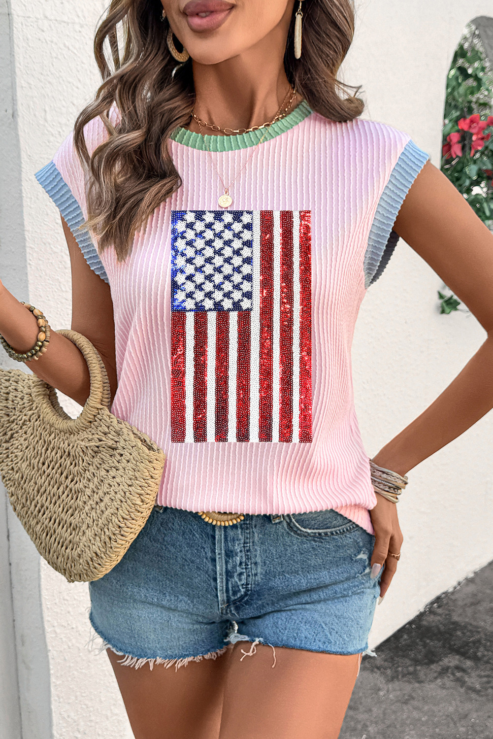 Pink Colorblock Edge Twisted Rib Texture Sequin American Flag Casual T Shirt