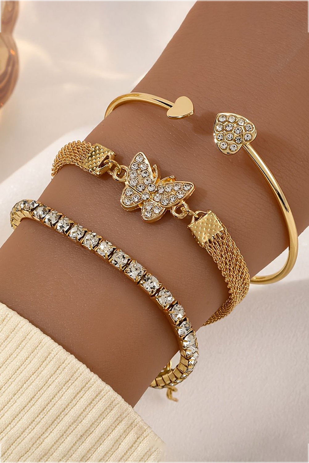 Shewin Wholesale Stores Gold Rhinestone Heart Butterfly BRACELET Set
