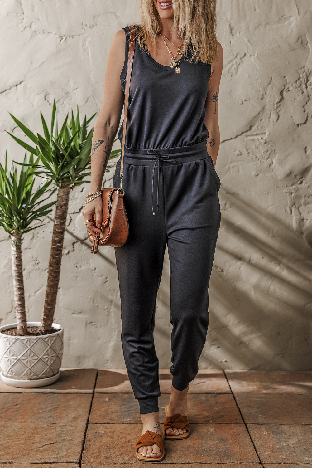 Shewin Wholesale Apparel Black Casual Tank Style TIE Waist Pocketed Jogger Jumpsuit