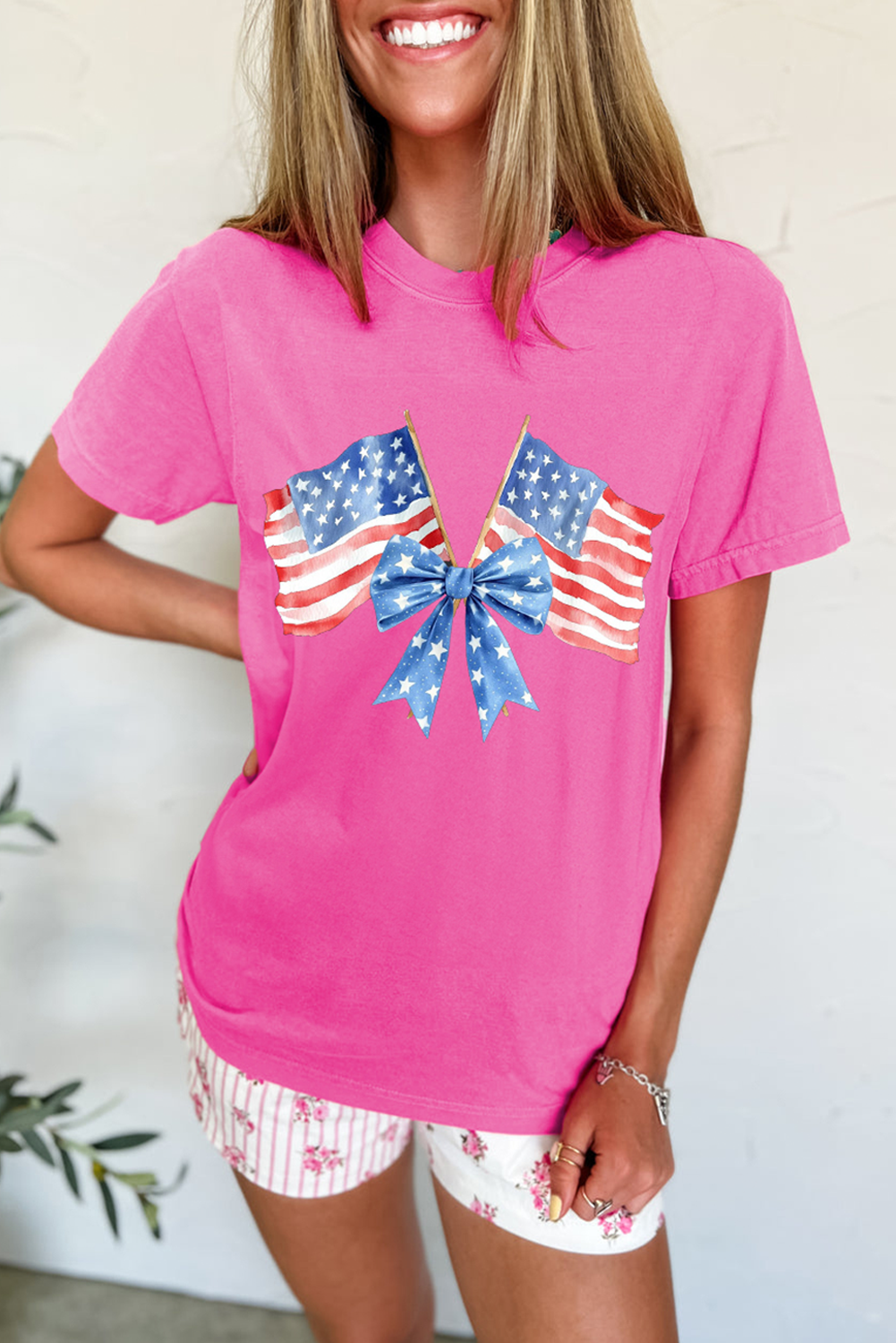 Shewin Wholesale Stores Sachet Pink Dual American FLAG Bow Printed Casual T Shirt