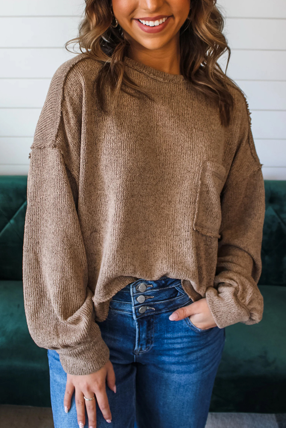 Dark Khaki Exposed Seam Pocket Pullover Sweater