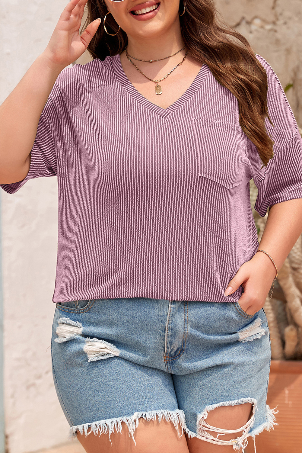 Shewin Wholesale Apparel Valerian Twist Corded V-Neck Plain Plus T-SHIRT
