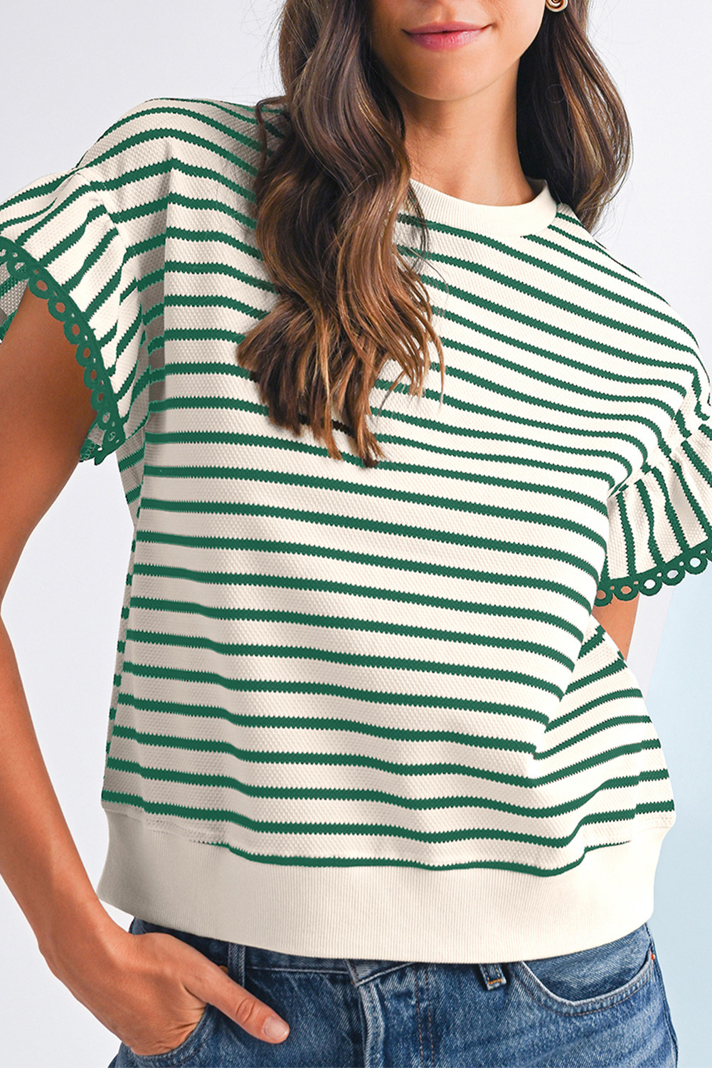 Green Stripe Scallop Lace Trim Ruffle Sleeve Crewneck Top