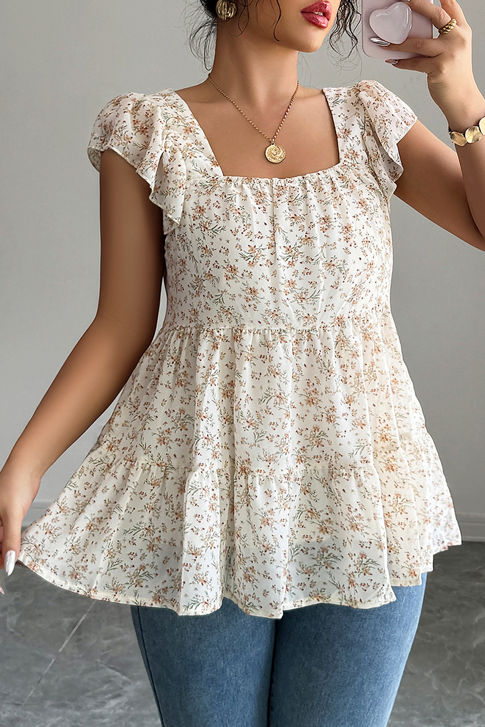 Beige Floral Print Square Neck Ruffle Sleeveless Top