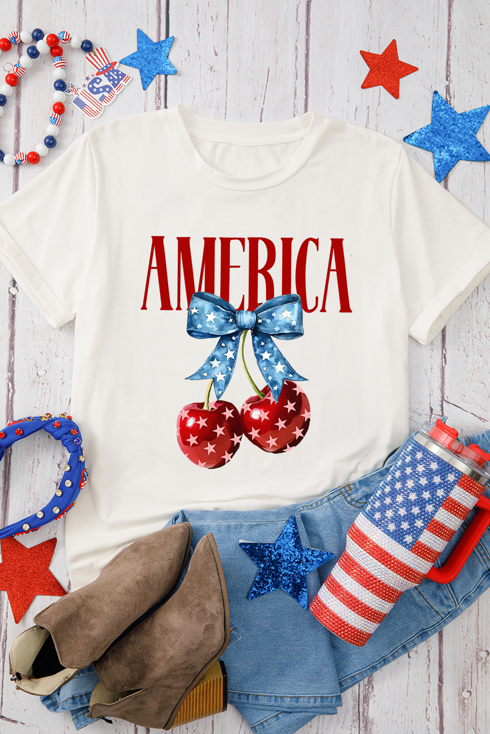 Shewin WholesAle Stores White AMERICA Bow Cherry Print Crewneck T Shirt