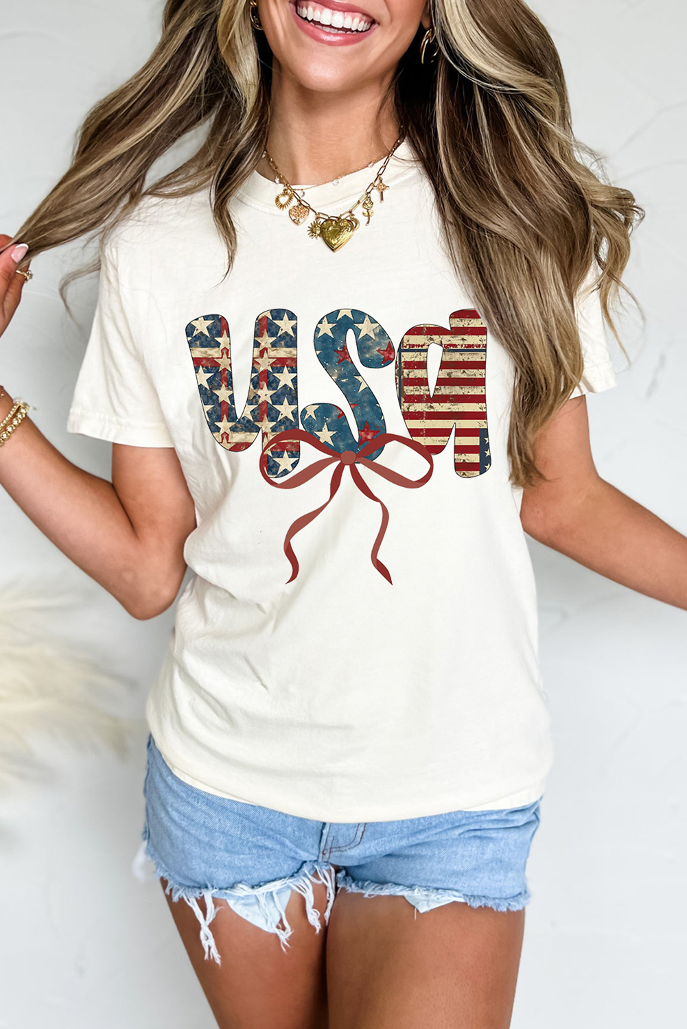 White usa Bow Letter Graphic Independence Day Fashion Tee