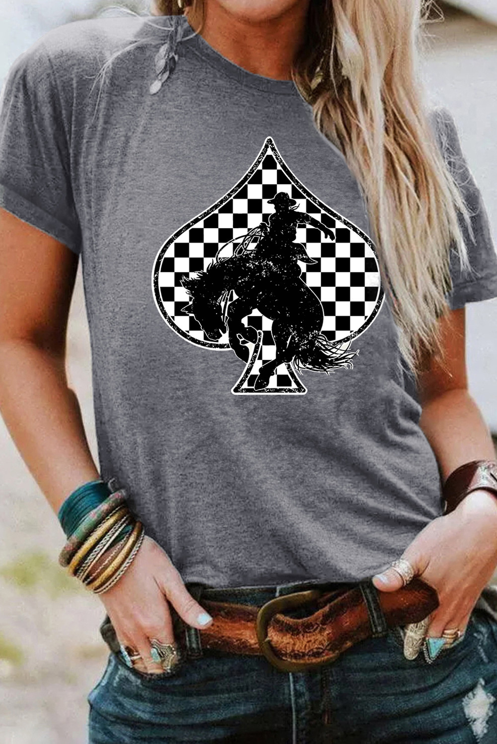 Gray Rodeo Checkered Spade Western Graphic T Shirt