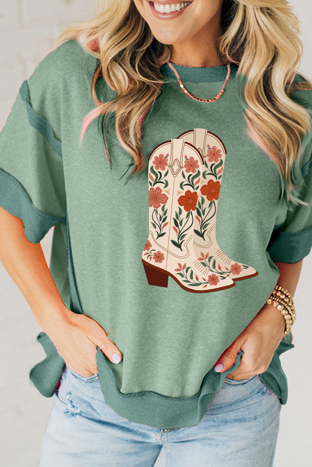 Shewin Wholesale Clothes Smoke Green Floral BOOTS Print Raw Seam Patchwork Graphic Tee