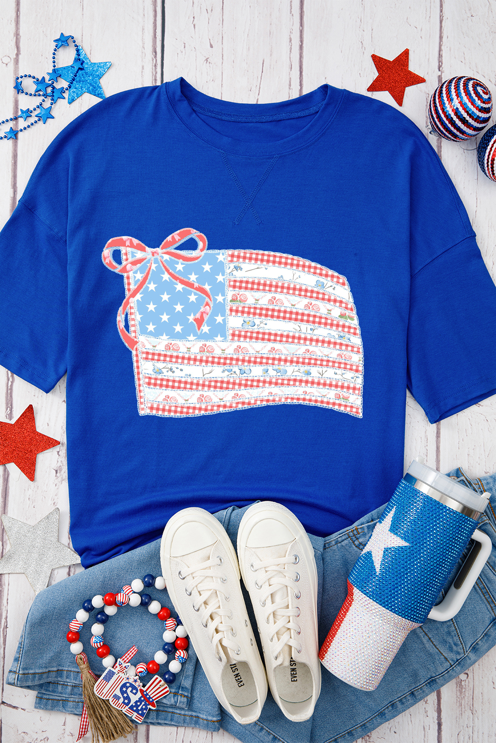 Shewin Wholesale Apparel Dark Blue American FLAG Bowknot Floral Print Side Slit T Shirt