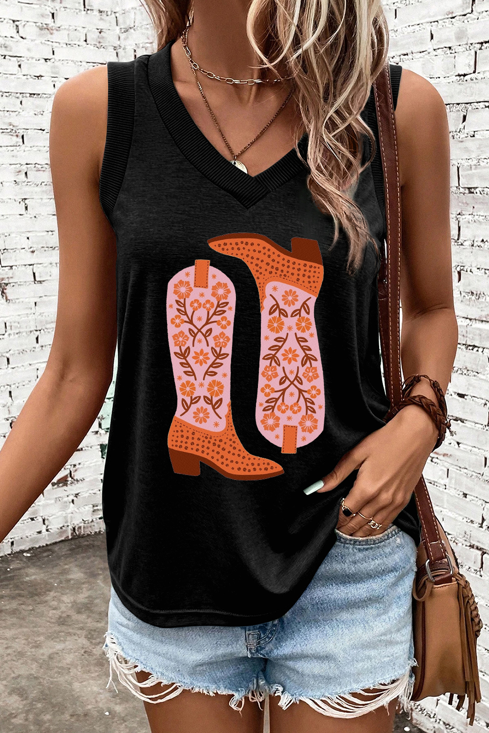 Shewin Dropshippers Black Floral Boots Graphic TANK TOP