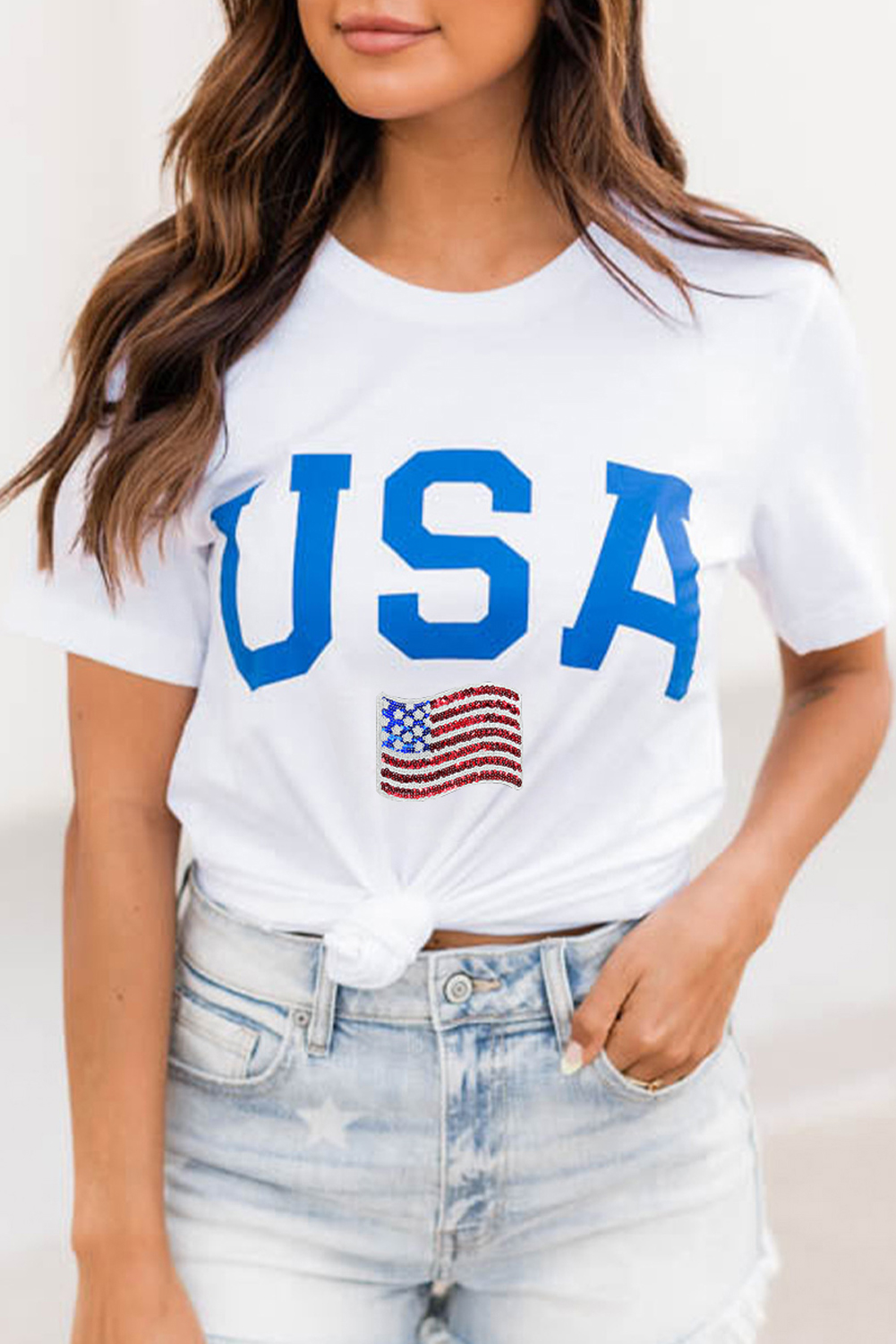 Shewin Wholesale Clothing White USA Sequin FLAG Patched Crewneck 4th of July T Shirt