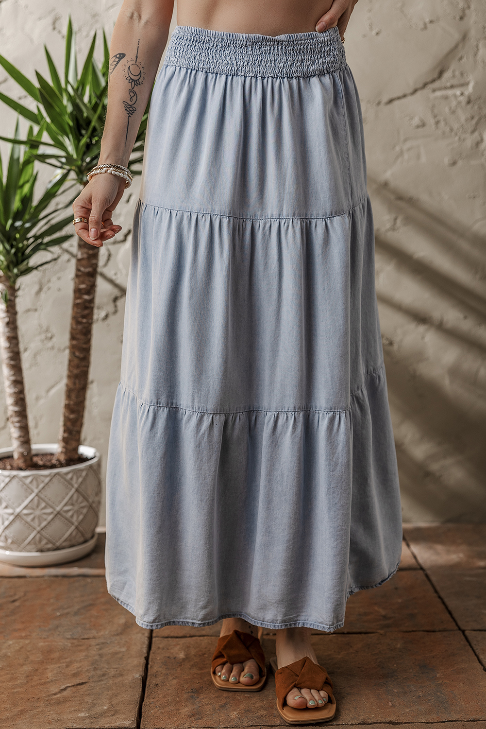 Shewin Wholesale Apparel Beau Blue Tiered Smocked High Waist Denim Maxi SKIRT