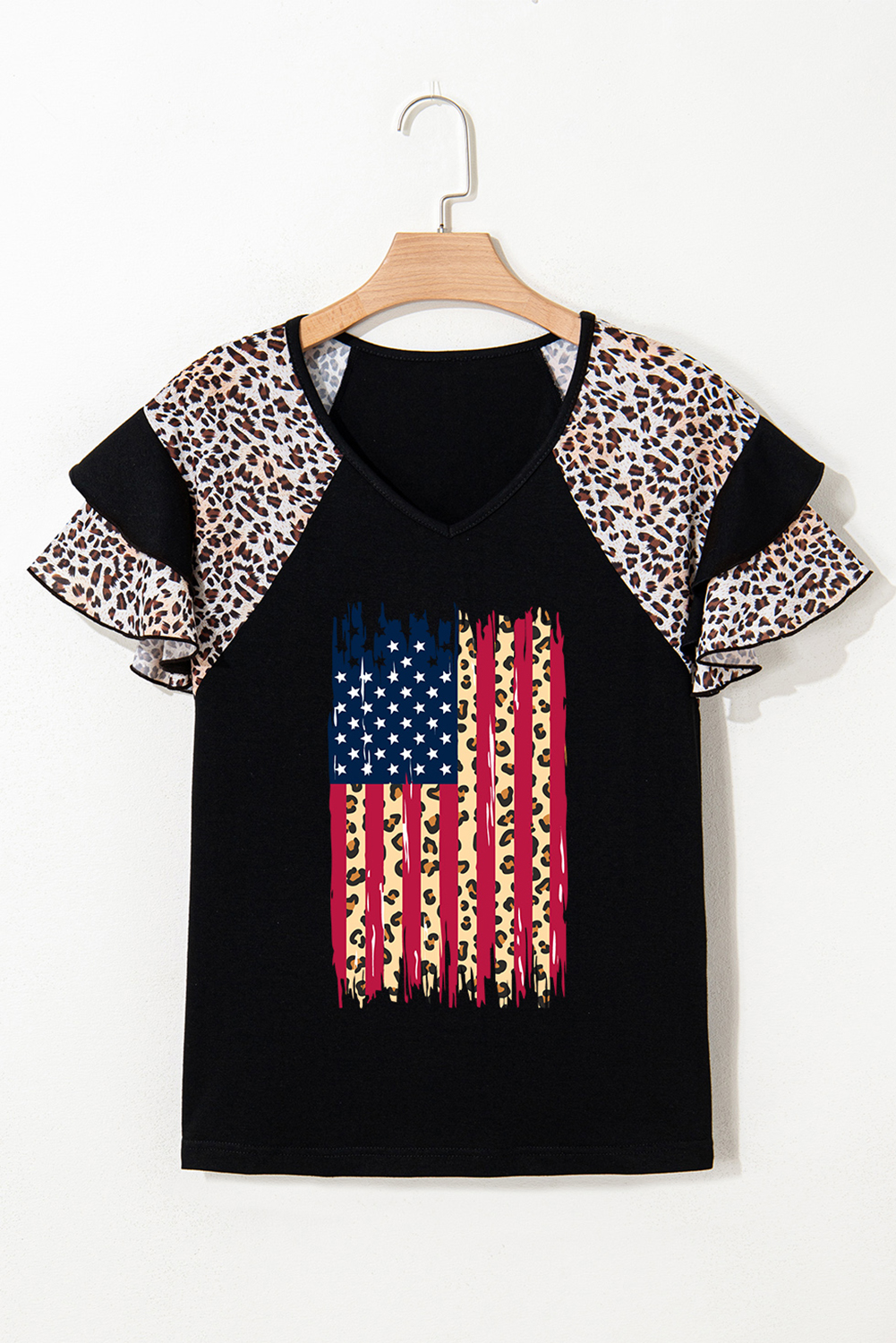 Shewin Wholesale Clothes Black American FLAG Leopard Print Ruffle Sleeve Graphic Tee