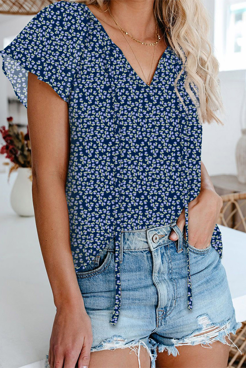 Shewin Wholesale CLOTHING Blue Floral Print V Neck Flutter Sleeve Blouse