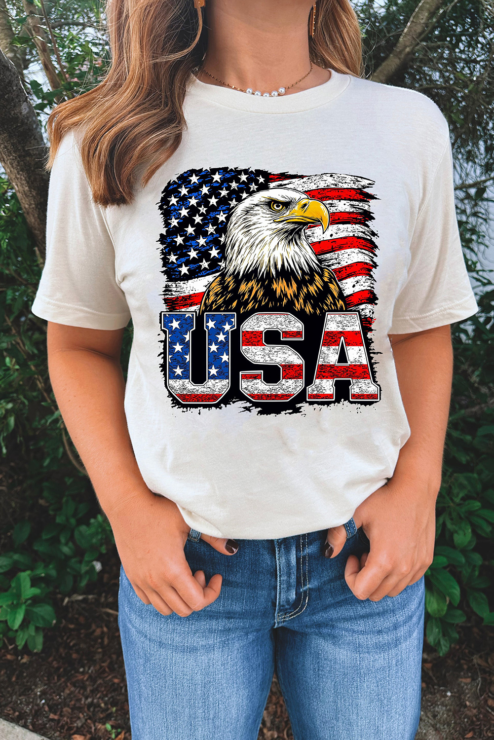Shewin Wholesale Clothing White USA FLAG Eagle Graphic 4th July T Shirt