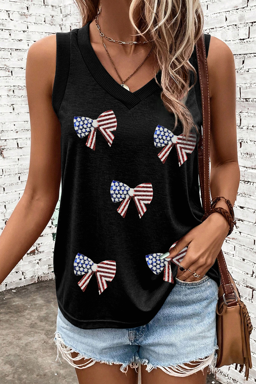 Shewin Wholesale Apparel Black Independence Day Sequin Bow Patched V Neck TANK TOP