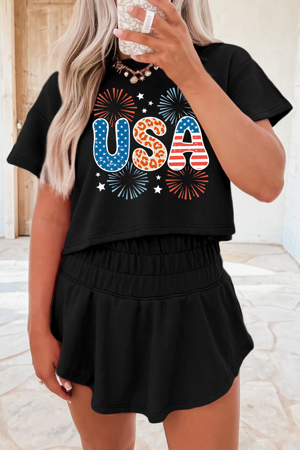 Shewin Wholesale Apparel Black FIREWORK USA Graphic Tee and Smocked Waistband Skort Set