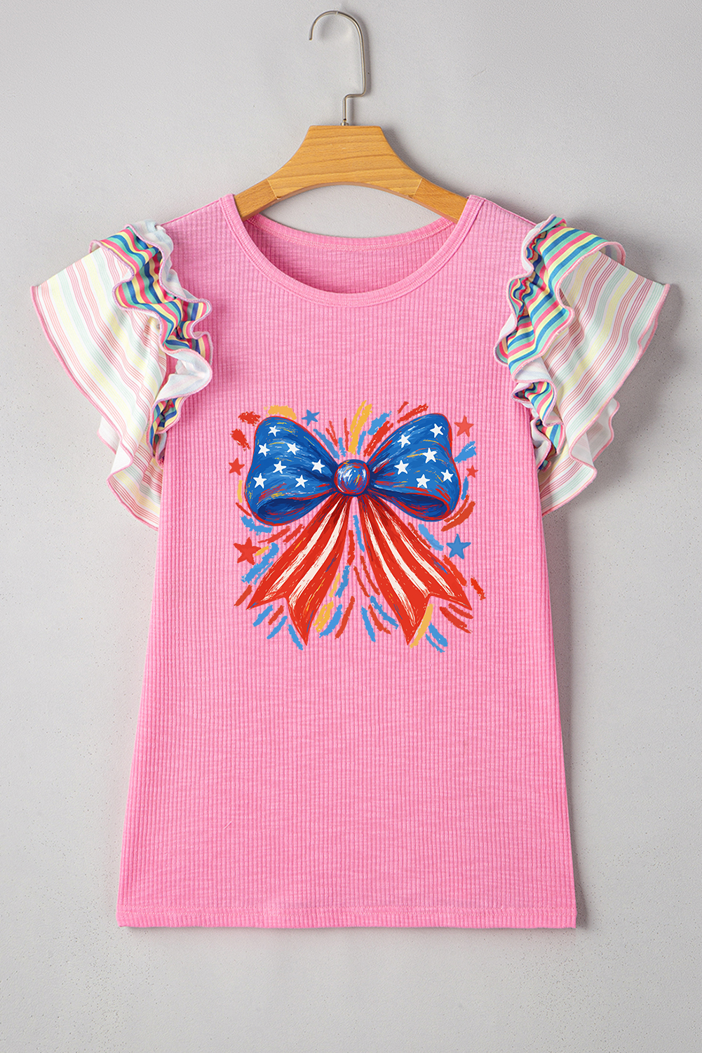 Shewin Wholesale CLOTHING Bonbon 4th of July Bowknot Graphic Ruffled Sleeve Ribbed Summer Top