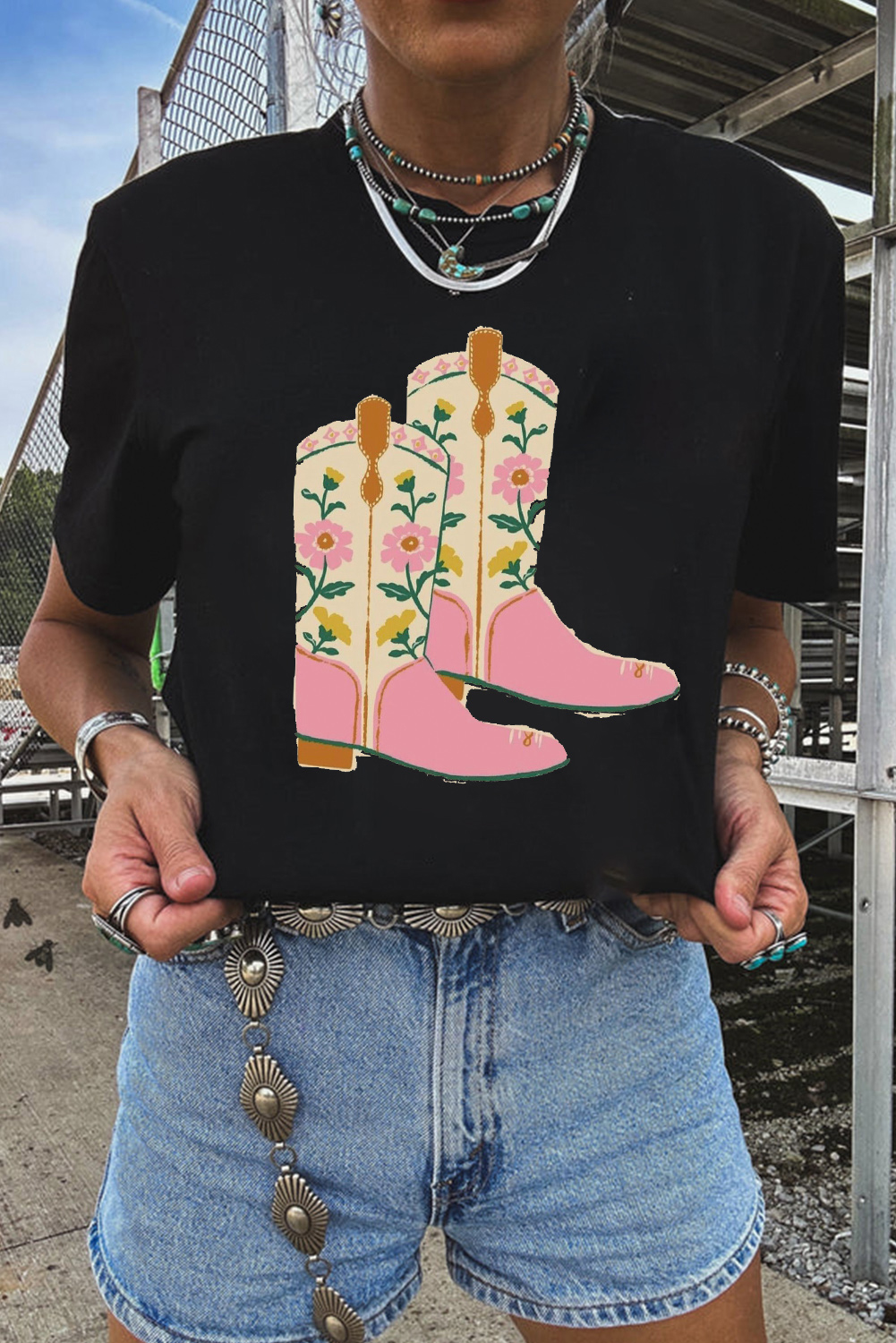 Shewin Dropshippers Black Floral BOOTS Graphic T Shirt