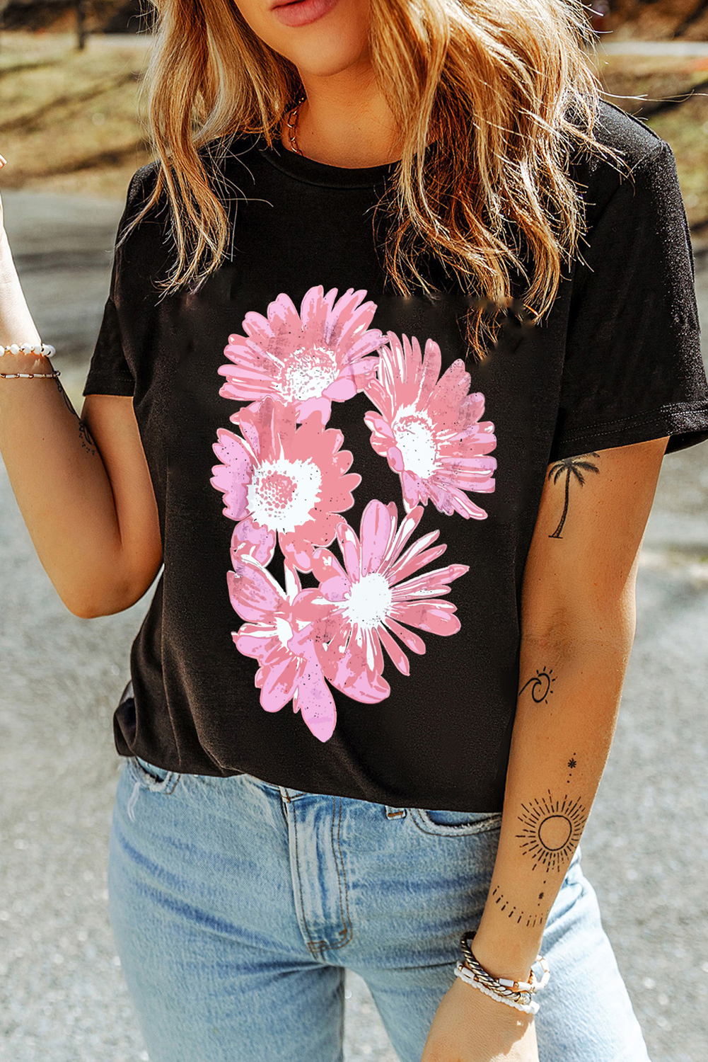Shewin Wholesale Clothes Black Pink Daisy FLOWER Print Graphic T Shirt