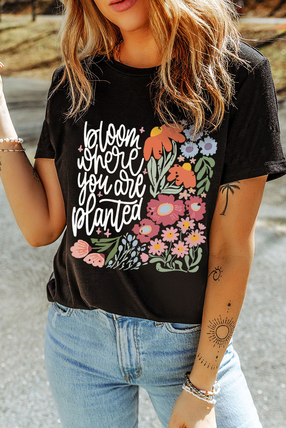 Shewin Wholesale Clothes Black bloom where you are planted Floral Printed T SHIRT