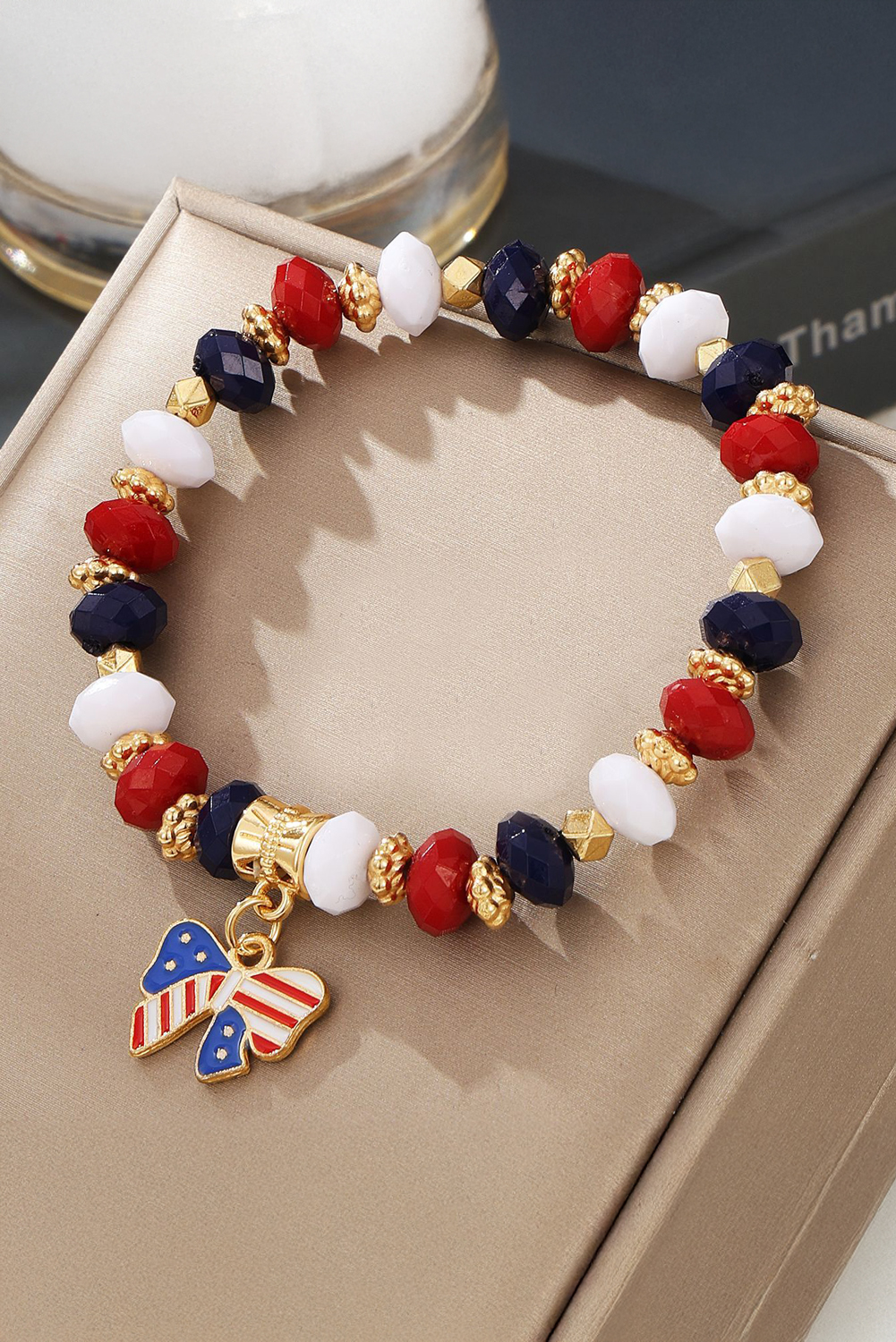 Shewin Wholesale Clothing Blue July 4th Bow Pendant Beaded Elastic BRACELET