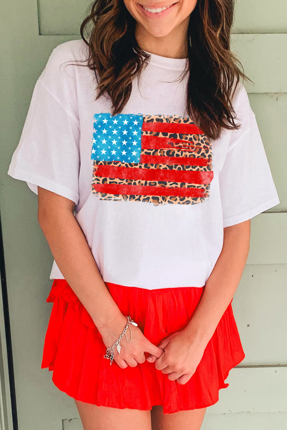Shewin Wholesale Clothing White American FLAG Leopard Graphic T Shirt