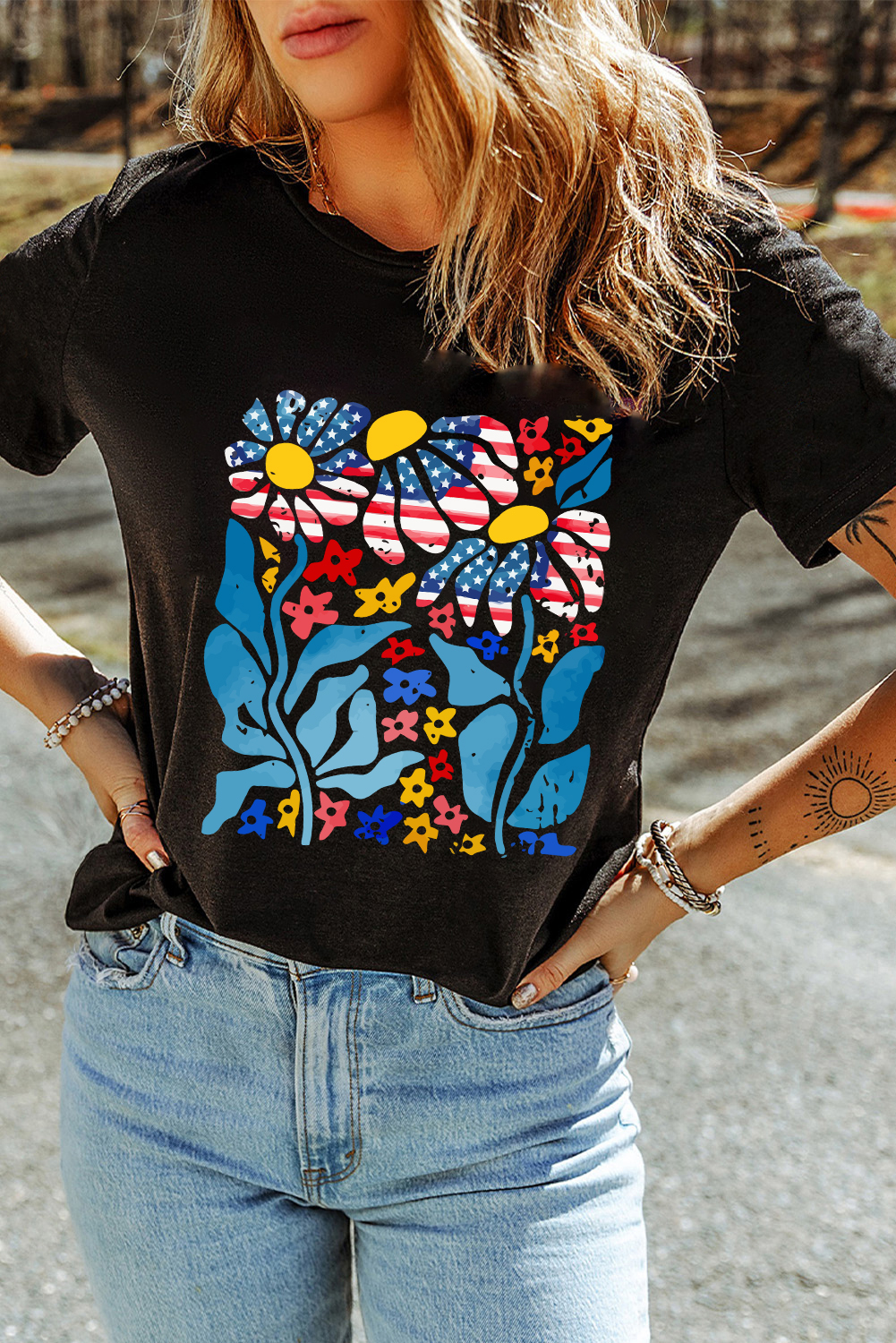 Shewin Wholesale Clothing Black 4th of July FLOWER Graphic Crewneck T Shirt