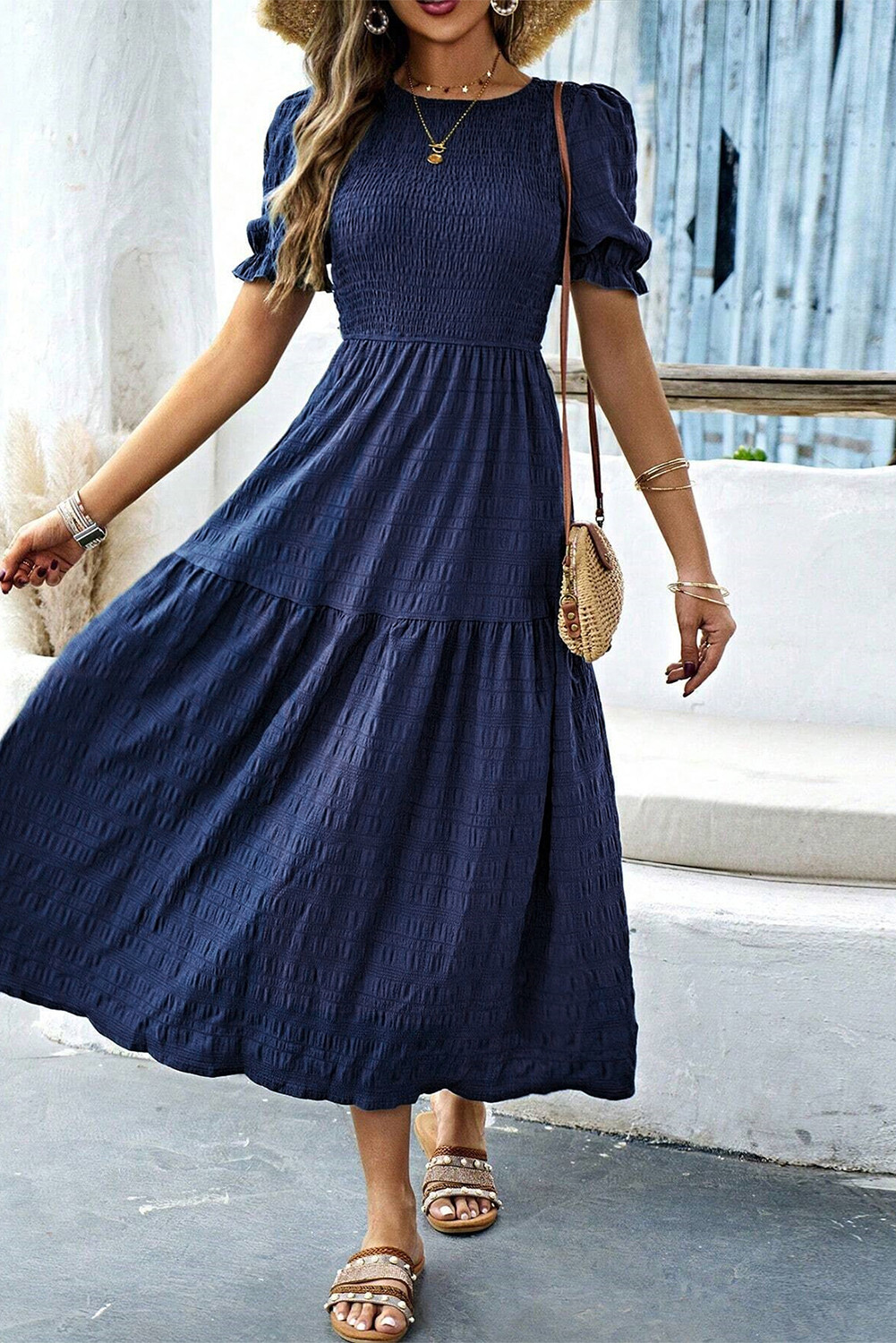 Sail Blue Solid Textured Smocked High Waist Midi Dress