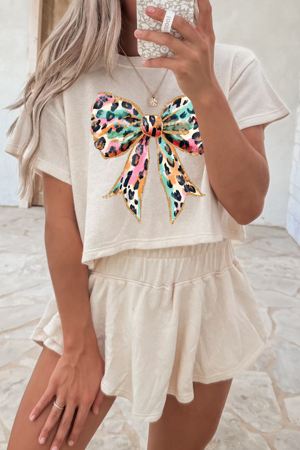 Beige Leopard Bow Print Graphic Shorts Set