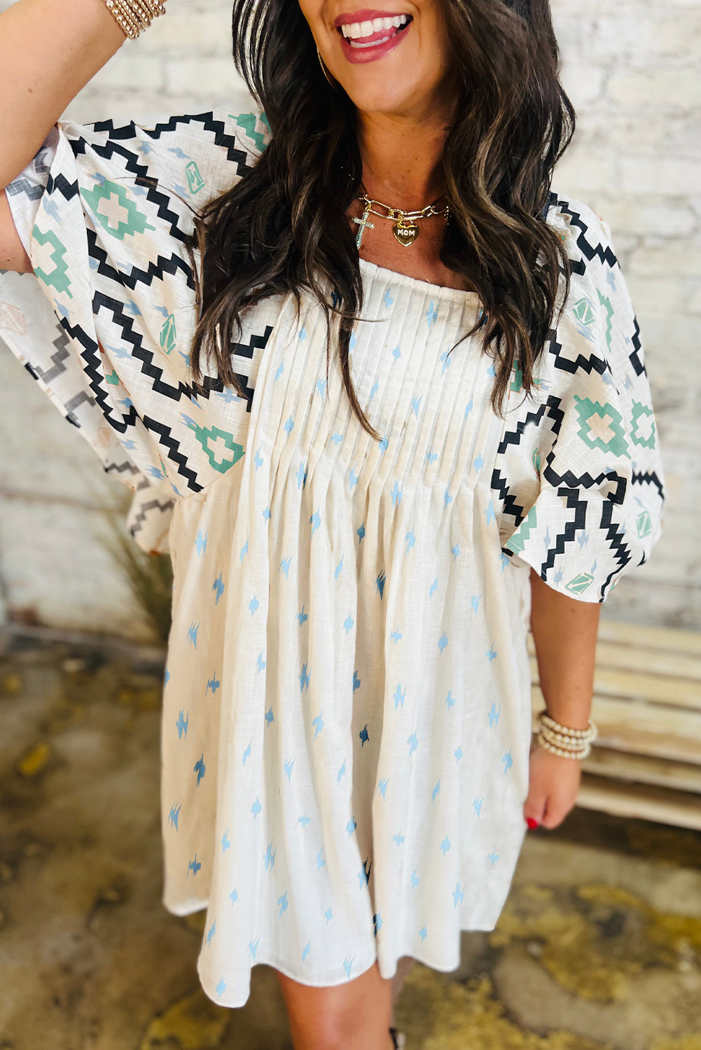 Sky Blue Geometric Print Pleated Square Neck Loose Mini Dress