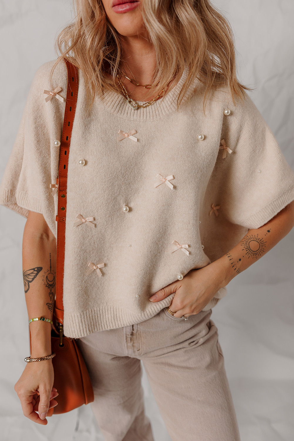 Oatmeal Pearl Bow Embellished Dolman Short Sleeve Sweater