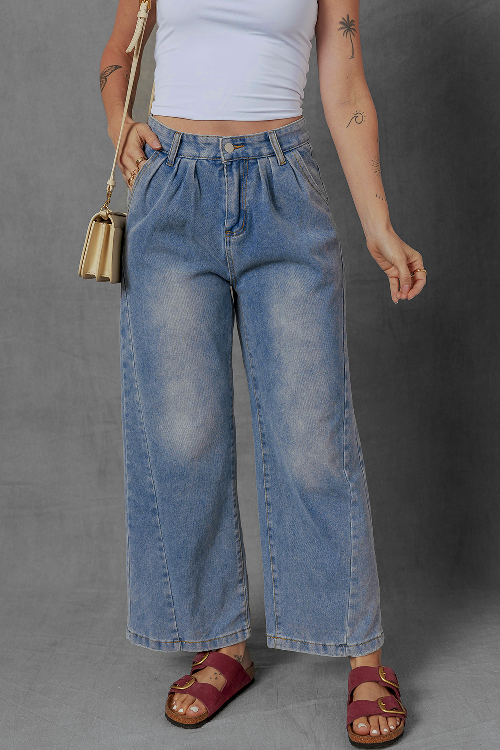 Shewin Wholesale Clothing Ashleigh Blue Washed Pleated Detail Wide Leg JEANS