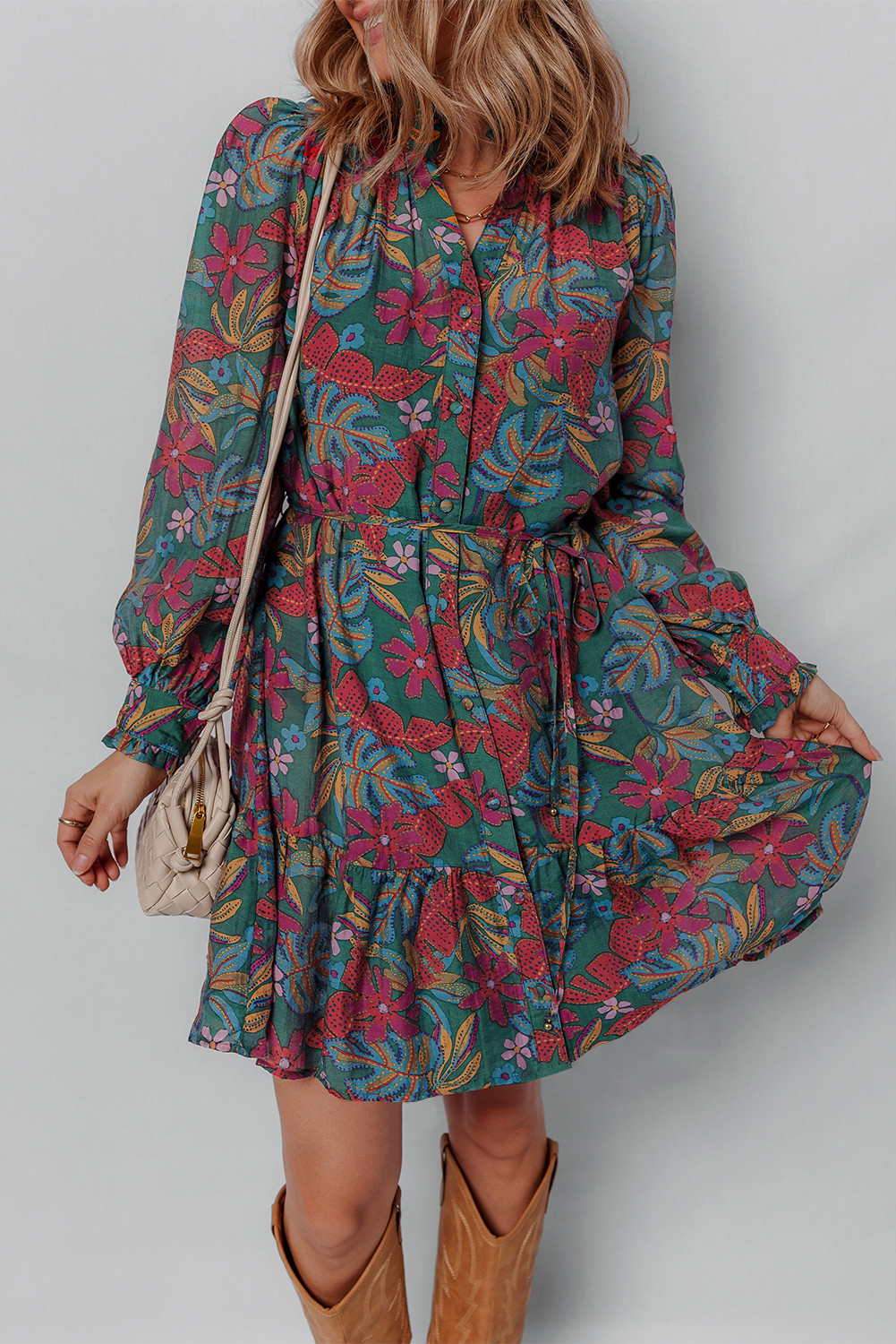 Green Floral Frill V Neck Puff Sleeve Ruffle Mini Dress