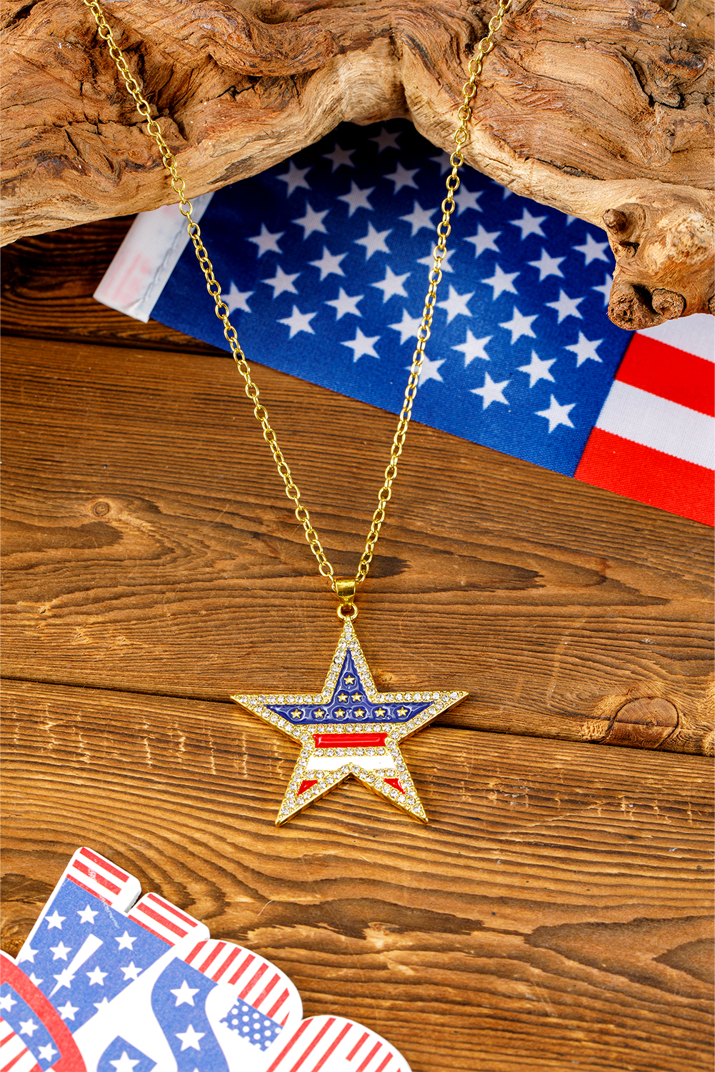 Shewin Wholesale Clothes Gold Rhinestione Amercian FLAG Star Pendant Necklace