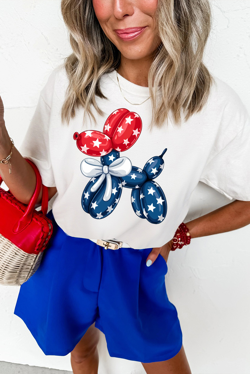 Shewin Wholesale Clothes White 4th of July Balloon Dog Graphic Cotton Blend T Shirt