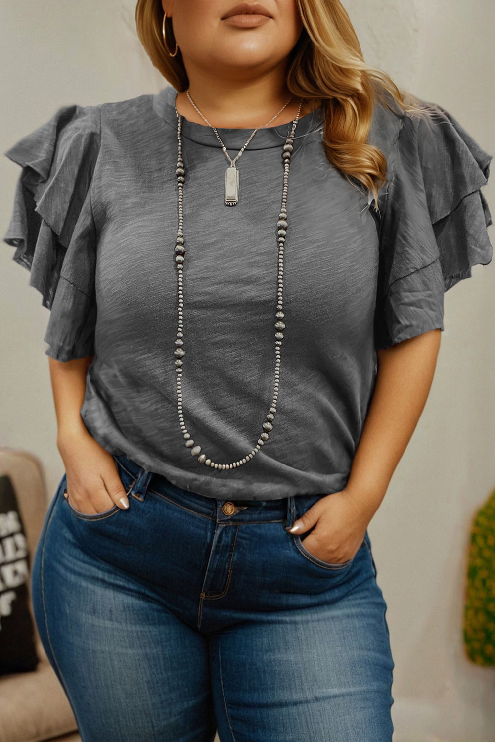 Dark Grey Layered Ruffle Short Sleeve Plus Size Top