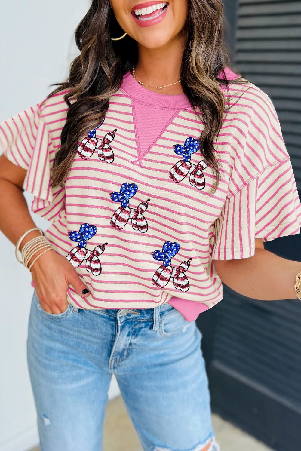 Sachet Pink Striped 4th of July Sequin Balloon Dog Patched Ruffled Short Sleeve Top
